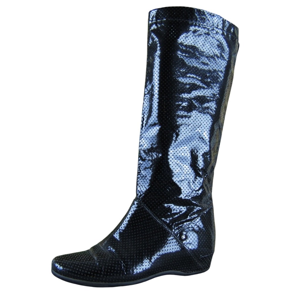 Grey Mer Women's 36‎ Black Patent Leather Knee High Flat Boots Made Italy